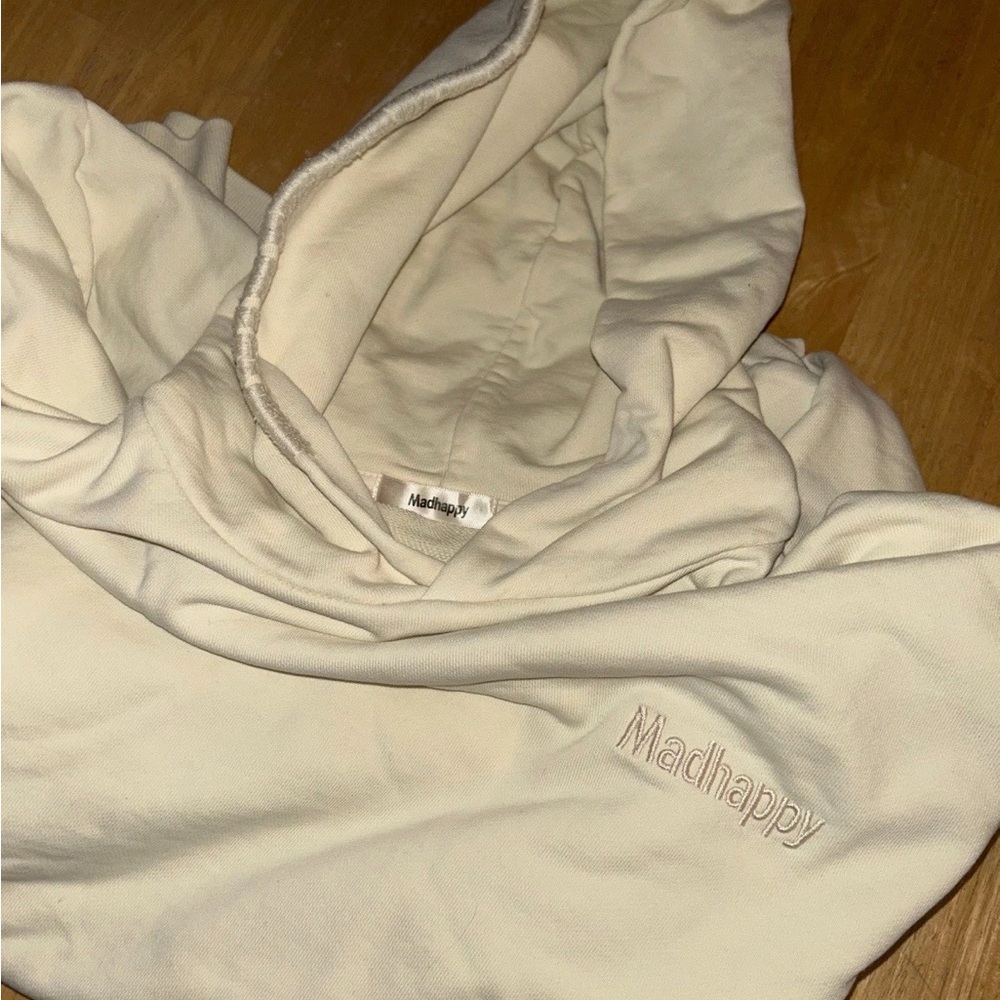 Mad happy white cream hoodie half stitched hood embroidery front sweatshirt Med